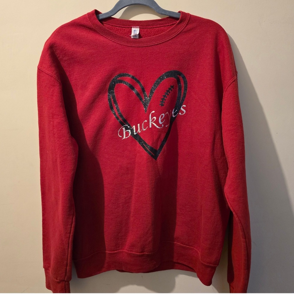 Jerzees Sweatshirt Women Medium Red Ohio State Buckeyes Heart Glitter Football